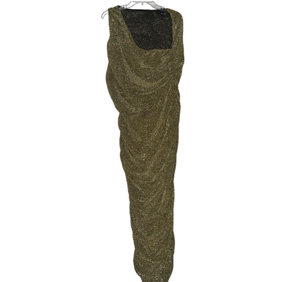 Gold Glitter Plisse Ruched One Shoulder Midi Dress size 16 - Picture 3 of 5
